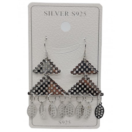 Piękne modne kolczyki srebrne wzór trójkąt w wiszące koła, próba 925
