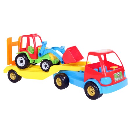 Samochód ciężarowy z przyczepą – lawetą i traktorem